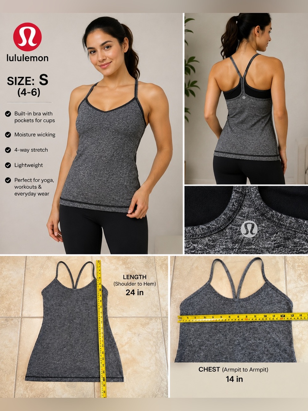 Lululemon Women’s Tank Top Size S Gray Heather Built-In Bra Strappy Yoga Athleti